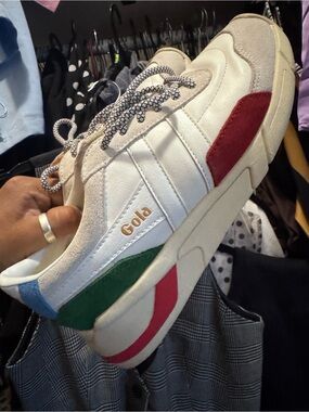 Gola Cream Sneakers with Green Suede and Blue Heel Tabs